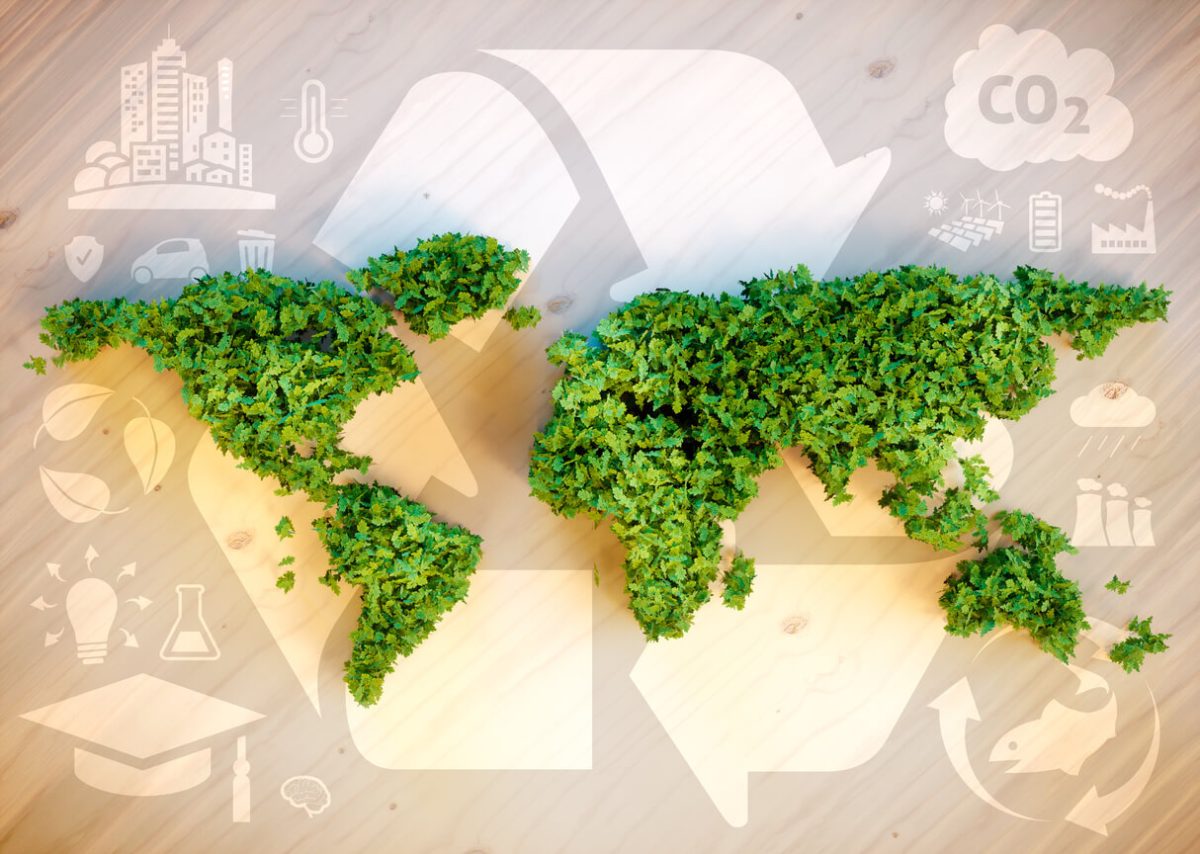 CatSci Green Chemistry: Image of the Reduce, Reuse, Recycle logo surrounding by  environmental icons, with greenery on the top in a rough shape of a world map
