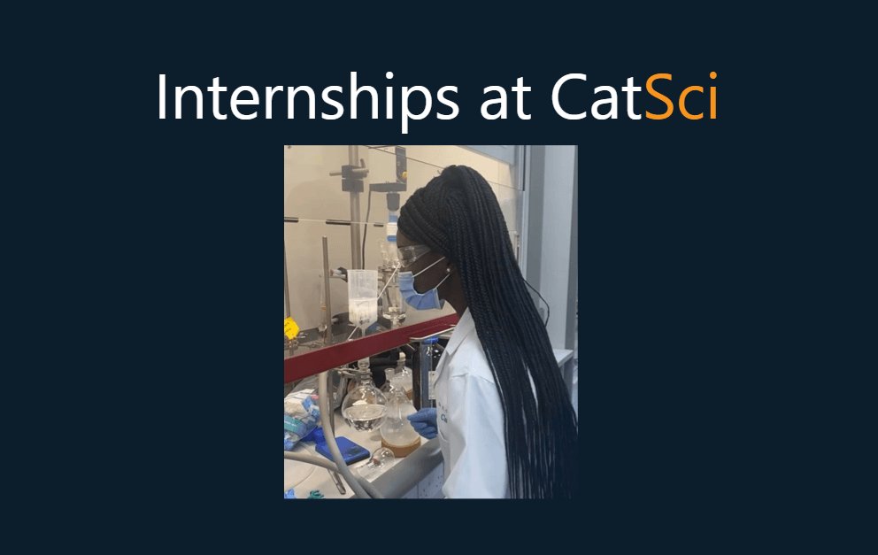 Chemistry Internship at CatSci - image of chemistry intern Plamedi in labcoat and goggles