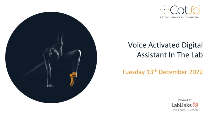 CatSci Digital Webinar Series - Voice Activated Digital Assistant In The Lab: banner image of a ballerina with orange ballet shoe on dark background