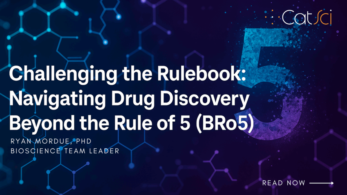 image of a blue molecular network and dissolving “5" with text: Challenging the Rulebook: Navigating Drug Discovery Beyond the Rule of 5 (BRo5)