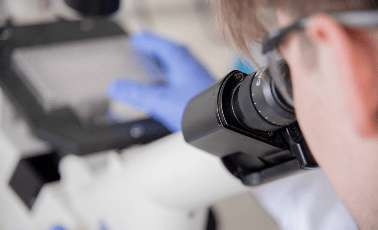 bioscience scientist looking into a microscope