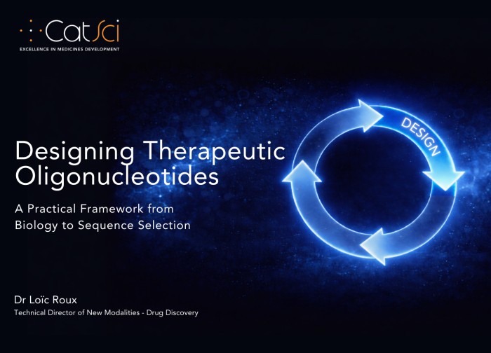 Therapeutic Oligonucleotide Design - Image of a navy background with bright blue arrow wheel with Design highlighted