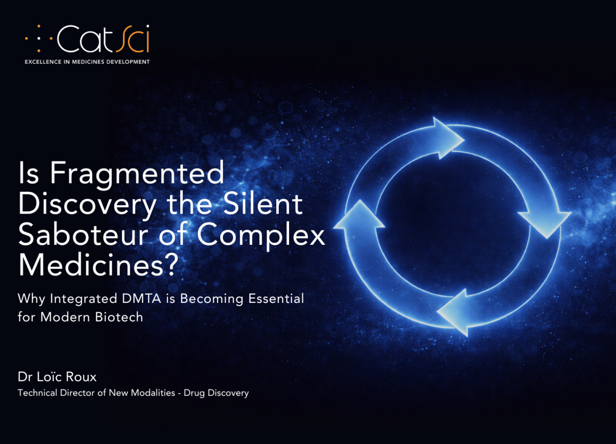 Why-Integrated-DMTA-Is-Critical-in-Modern-Biotech: Image of a navy background with bright blue arrow wheel